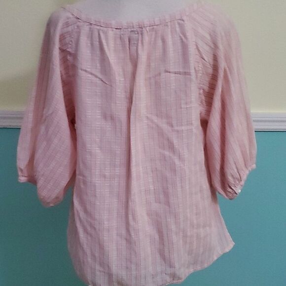 Talbots Boho Beachy Pink Stripes Split Neck 3/4 Balloon Sleeves Flowy Top - Picture 5 of 9
